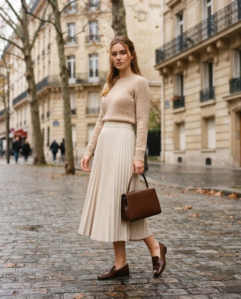  Women Wearing a Sweater and Pleated Skirt