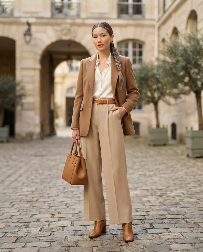 Women Wearing a Tan Boots With Beige Wide-Leg Pants