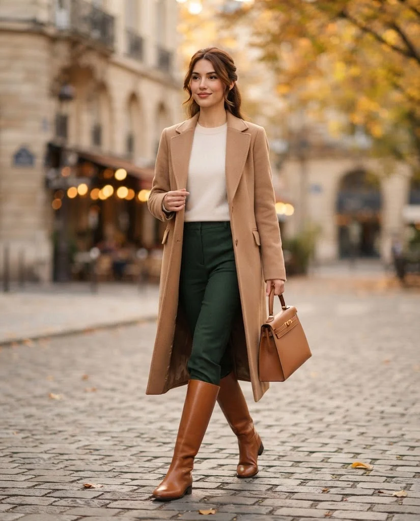 Women Wearing a Tan Knee-High Boots With Dark Green Trousers