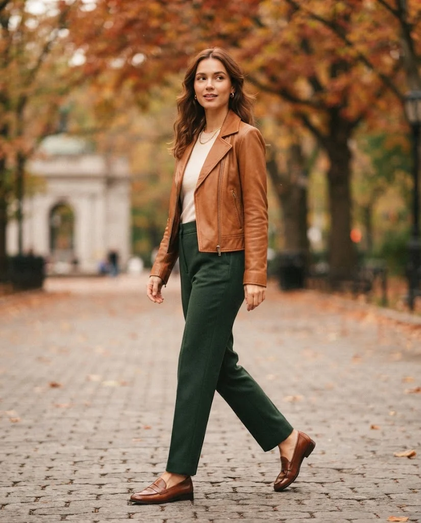 Women Wearing a  Tan Leather Jacket With Dark Green Trousers