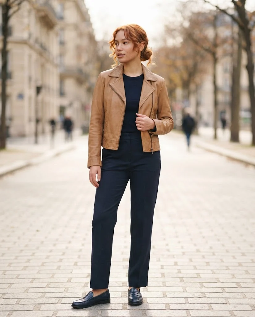 Women Wearing a Old Money Tan Color Leather Jacket 