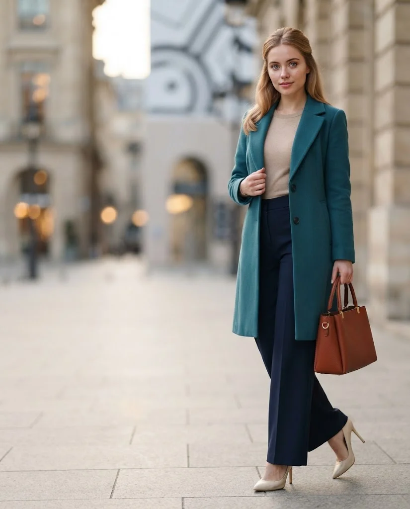 women wearing Teal Coat With Navy Wide-Leg Trousers