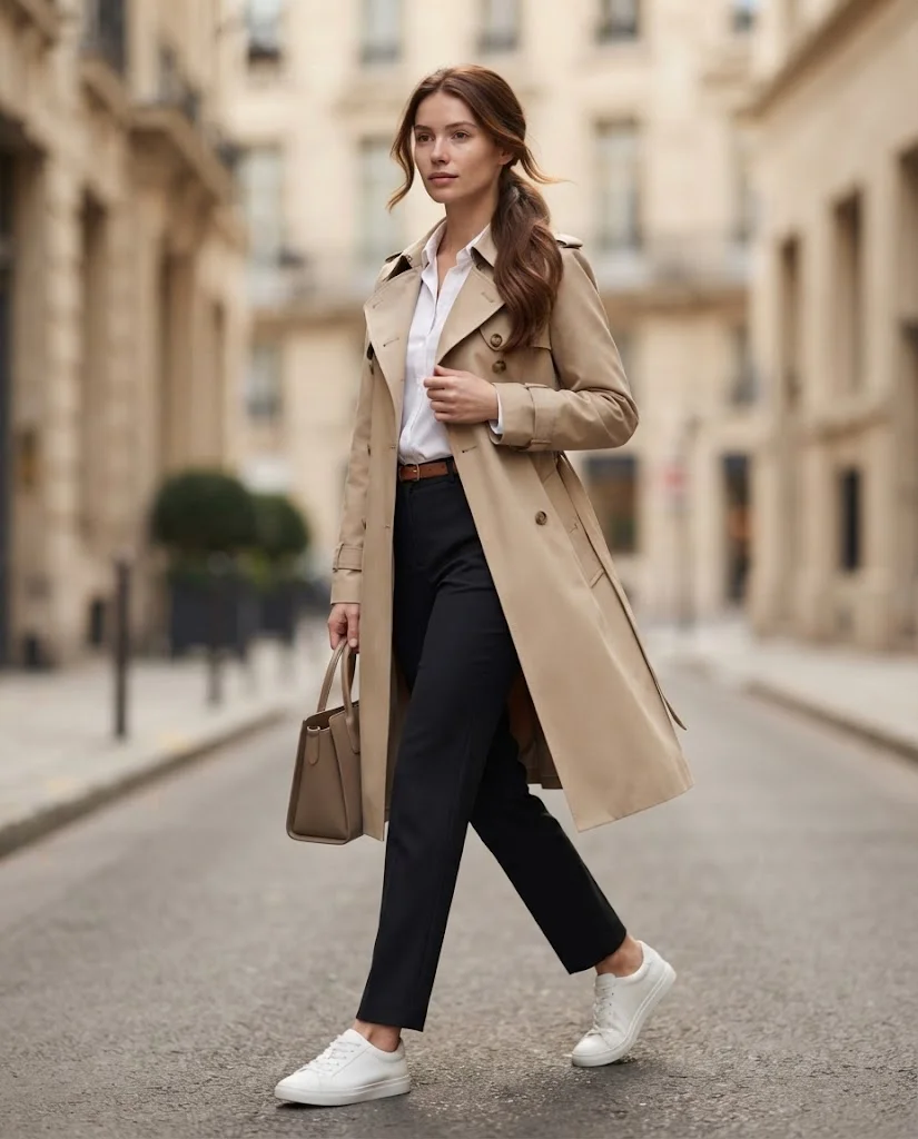Old Money Outfits With Sneakers: 20+ Classy Outfit Ideas 26 Women Wearing a Trench Coat and Dark Trousers With Sneakers