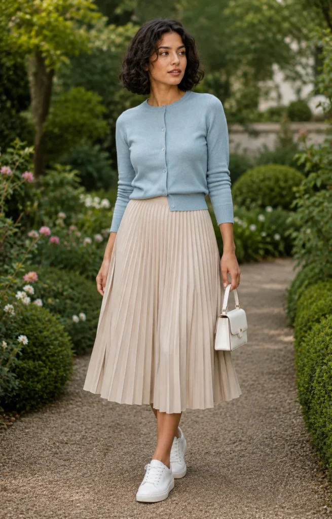 Old Money Outfits With Sneakers: 20+ Classy Outfit Ideas 25 Women Wearing a Cardigan and Pleated Midi Skirt With Sneakers