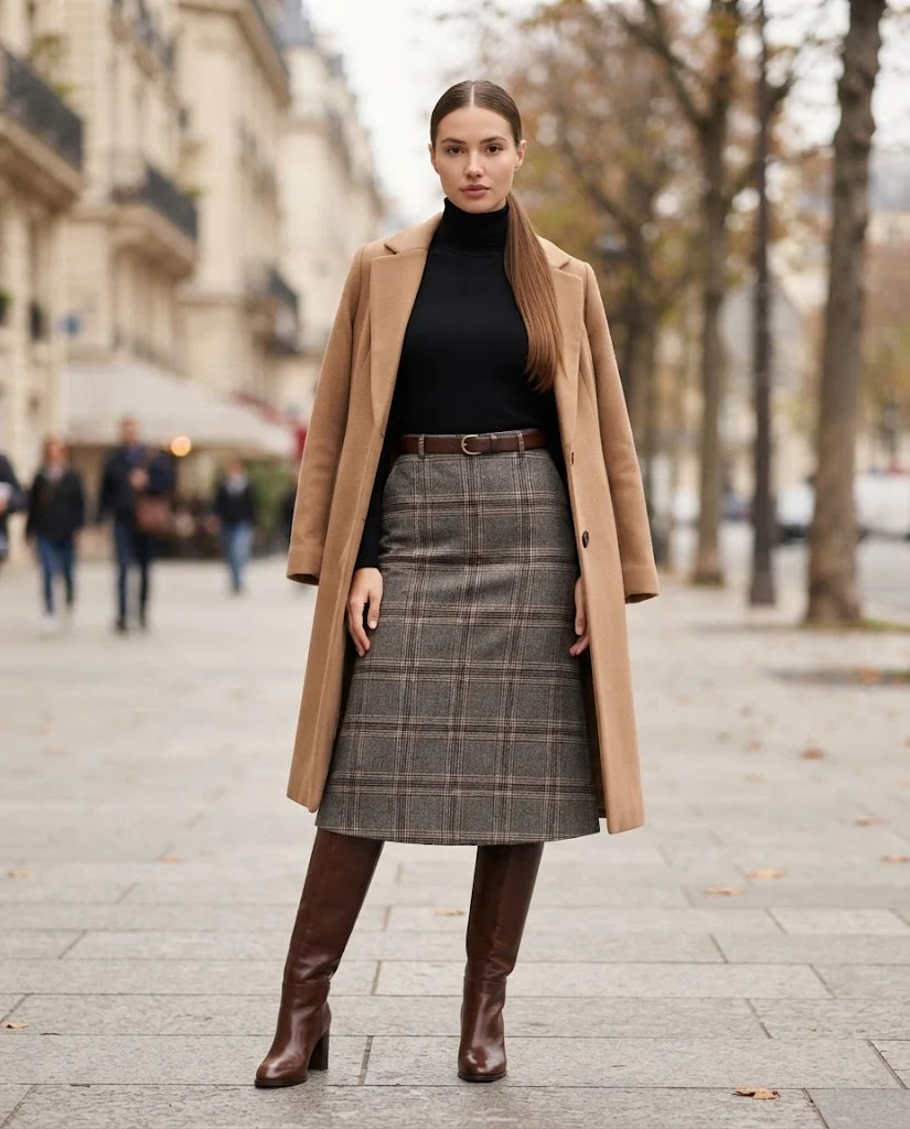 Old Money Outfits With Skirt: 20+ Elegant Outfit Ideas 26 Women Wearing a Turtleneck and Plaid Midi Skirt