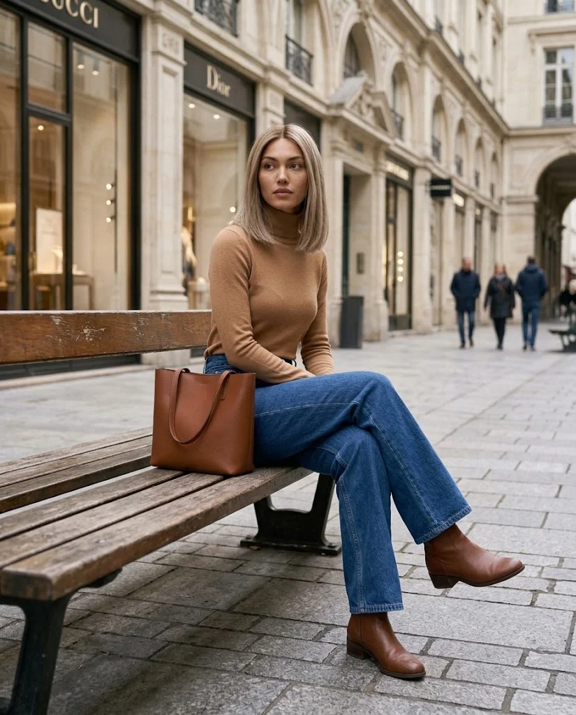 Old Money Outfits With Jeans: 20+ Polished Outfit Ideas 19 Women Wearing a Turtleneck and Wide-Leg Jeans