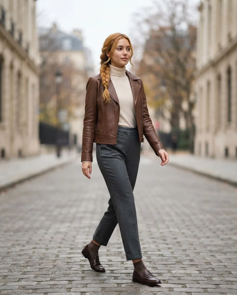 Women Wearing a Turtlenecks Under a Leather Jacket