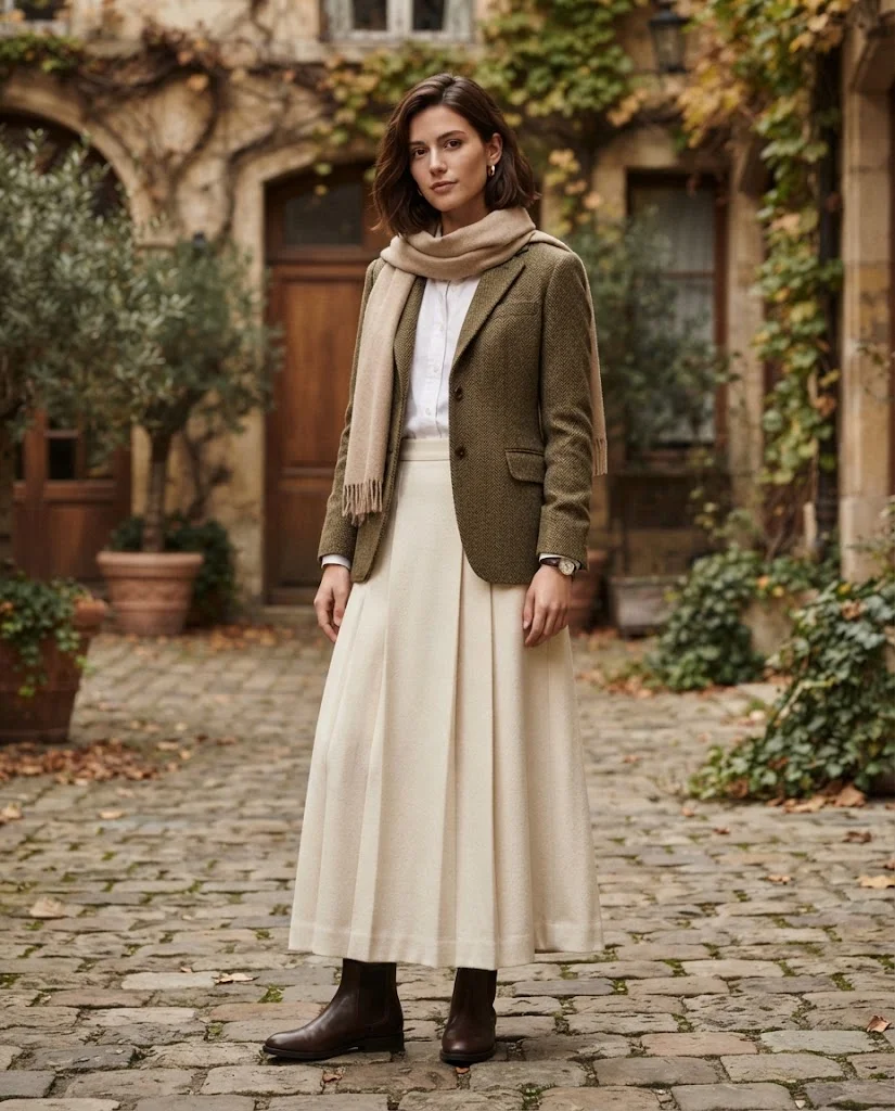 Old Money Outfits With Long Skirts: 20+ Elegant Ideas 9 woman wearing a Tweed Jacket With a Pleated Maxi Skirt