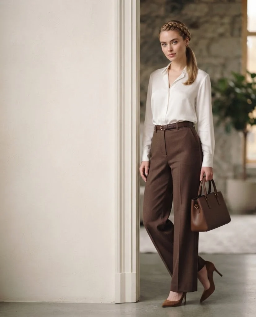women wearing  White Blouse With Chocolate Wide-Leg Pants