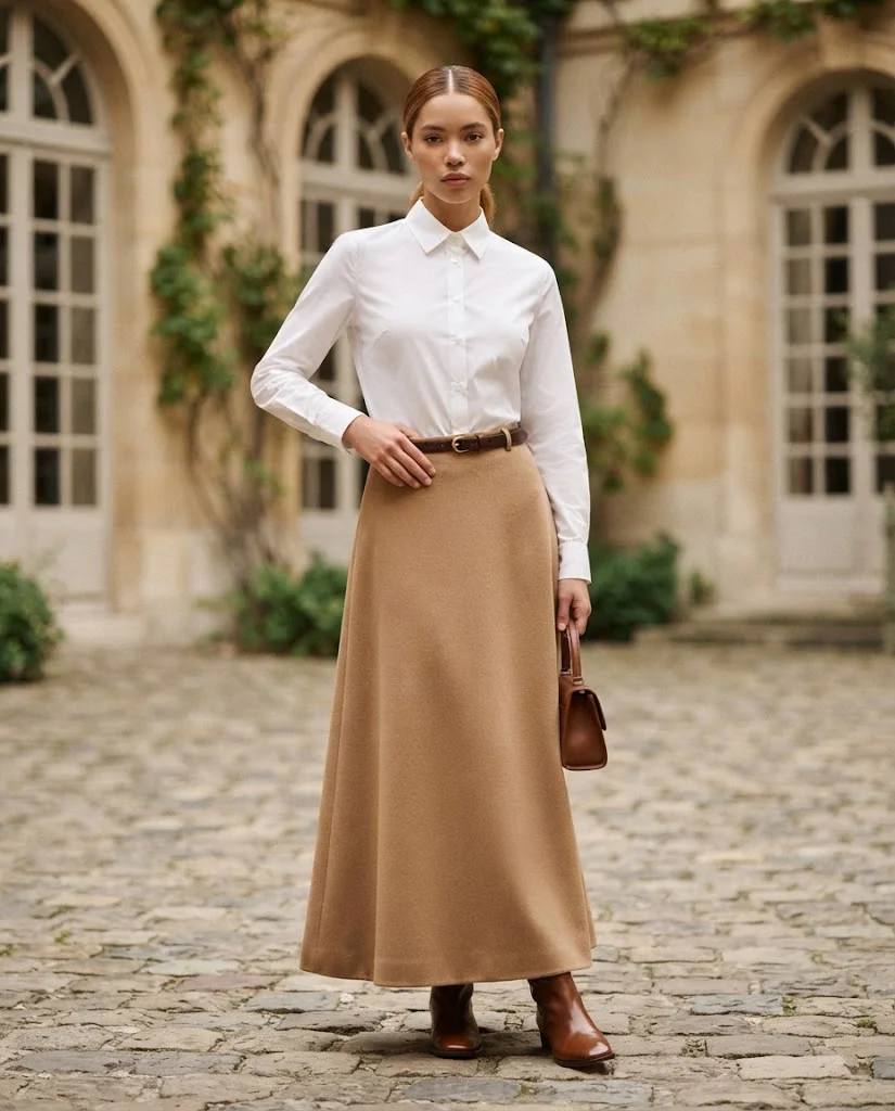 Old Money Outfits With Long Skirts: 20+ Elegant Ideas 8 woman wearing a White Blouse With a Camel Long Skirt