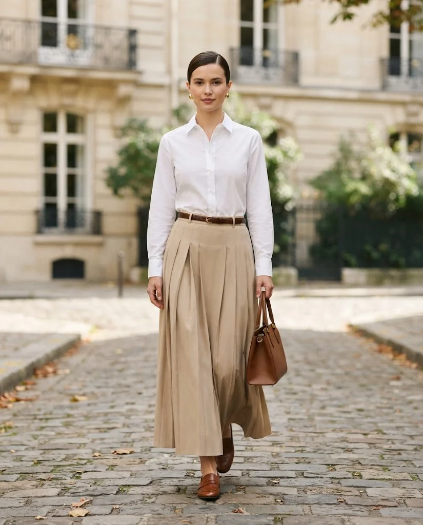 Old Money Outfits With Long Skirts: 20+ Elegant Ideas 2 woman wearing a White Button-Down With a Pleated Maxi Skirt
