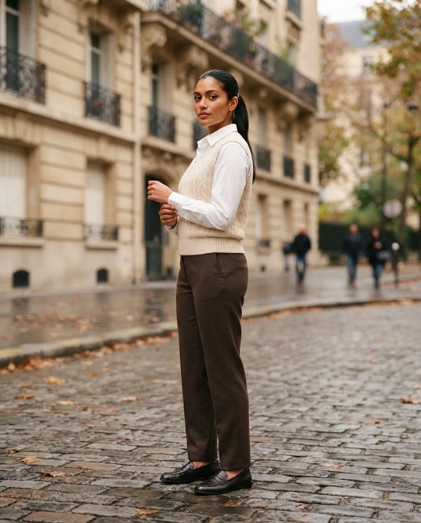 Women Wearing a White Button-Down and Knit Vest