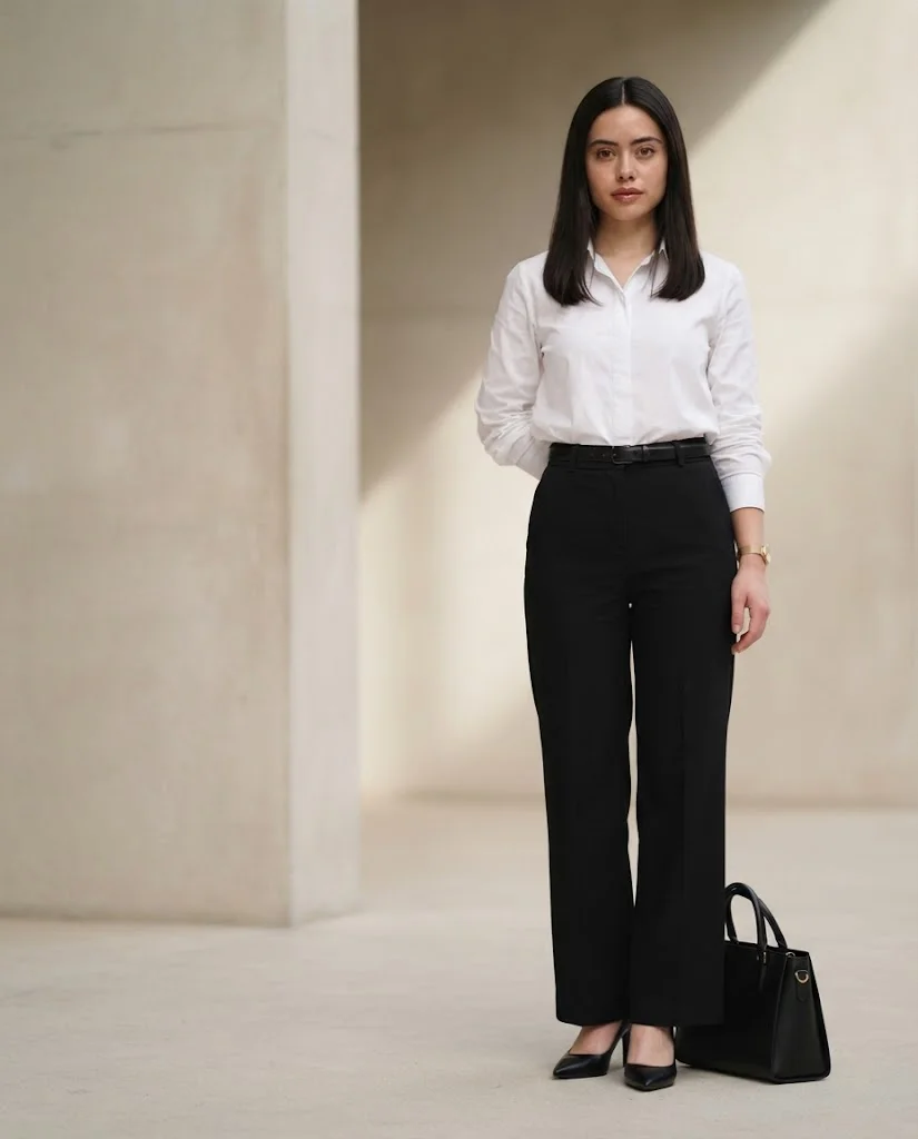 women wearing White Shirt With Black Wide-Leg Pants