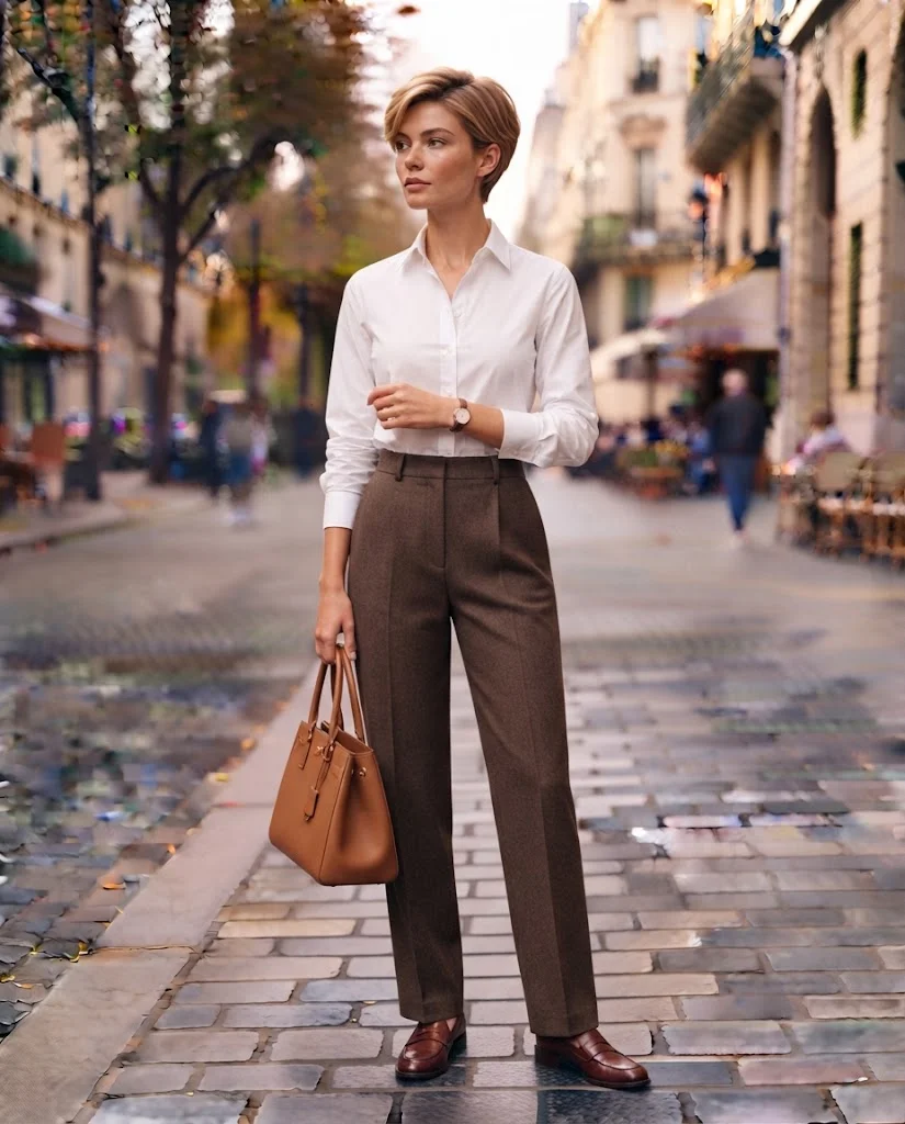 Women Wearing a White Shirt and Brown Tailored Pants