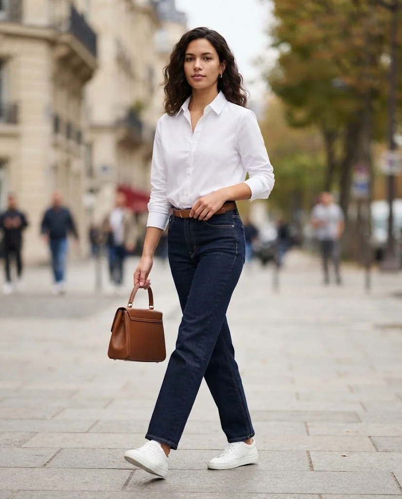 Old Money Outfits With Sneakers: 20+ Classy Outfit Ideas 23 Women Wearing a White Shirt and Dark-Wash Jeans With Sneakers