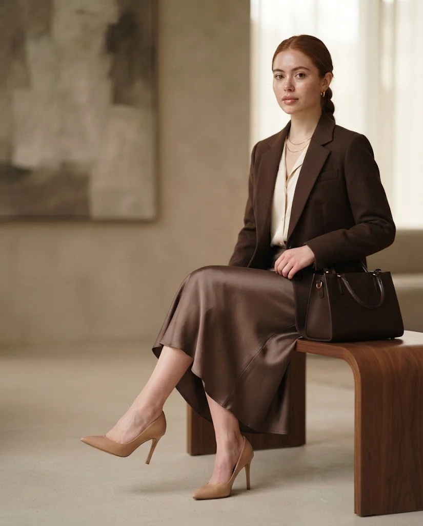women wearing Chocolate Blazer With Satin Midi Skirt