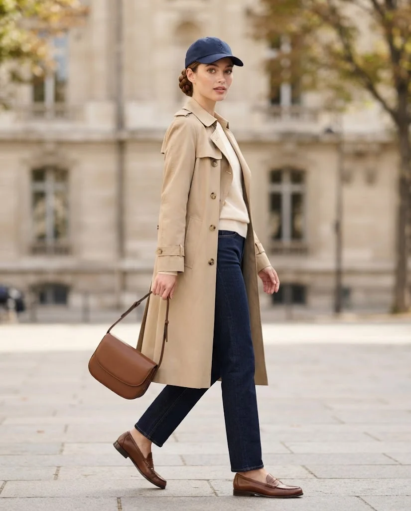 women wearing Trench Coat With Dark Jeans and Cap