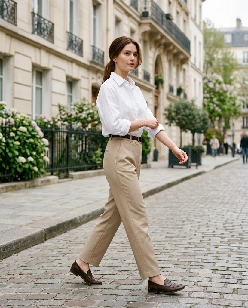 women wearing A Crisp White Shirt and Relaxed Beige Trousers