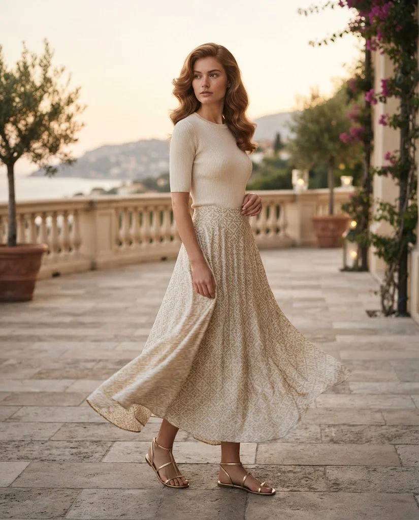 women wearing A Flowy Maxi Skirt With a Fitted Knit Top