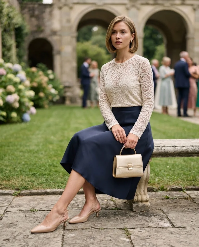women wearing  A-Line Midi Skirt With a Lace Blouse