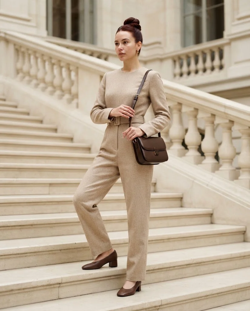 women wearing A Neutral Jumpsuit With Minimal Accessories
