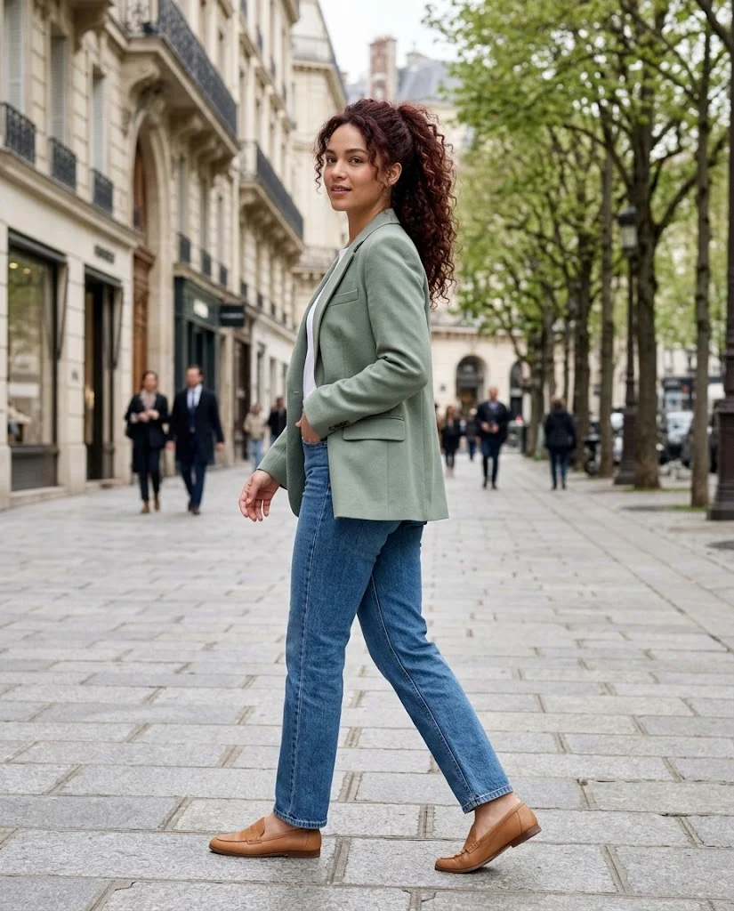 women wearing A Pastel Blazer to Elevate Everyday Denim