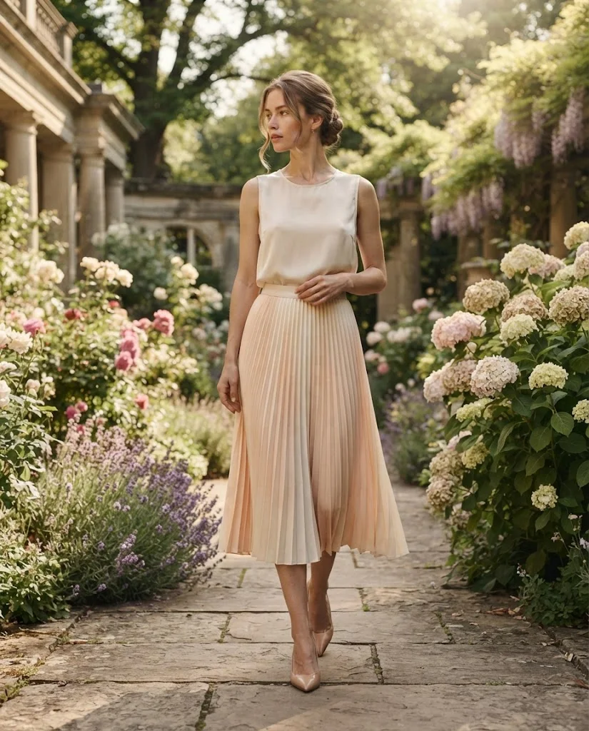 women wearing A Pleated Skirt and Simple Sleeveless Blouse