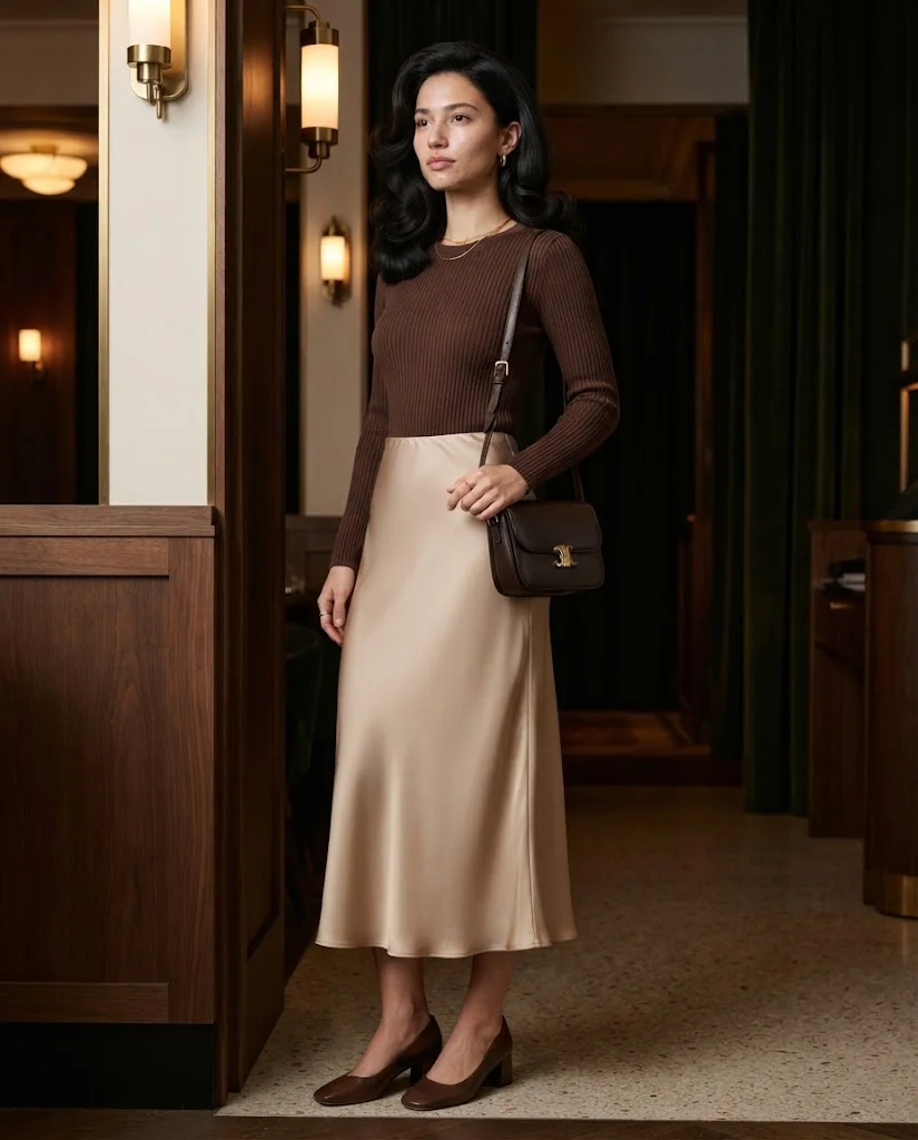 women wearing A Satin Midi Skirt With a Fitted Knit Top