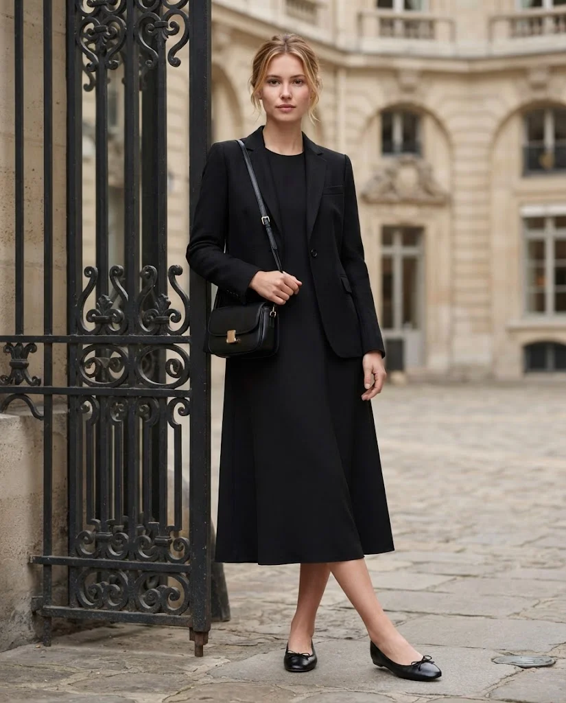women wearing A Simple Black Dress With a Lightweight Jacket