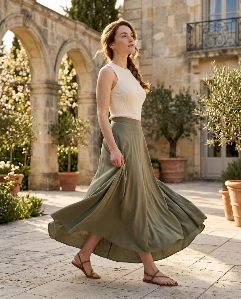 women wearing A Sleeveless Knit and Flowing Maxi Skirt