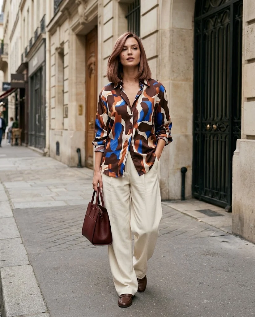 Early Fall Outfits for Women: 20+ Elegant Old Money Ideas 14 Abstract Printed Shirt with Cream Baggy Trousers, an elegant old money early fall outfit for women