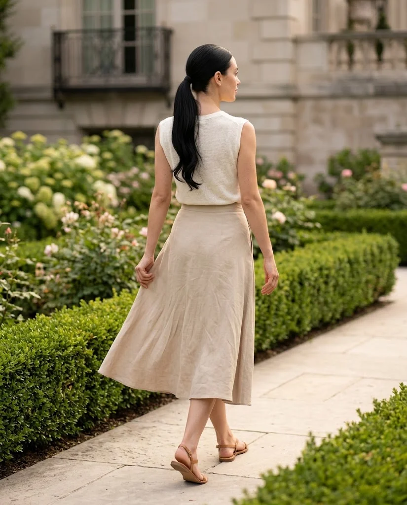 women wearing An Easy White Knit and Linen Skirt Combination
