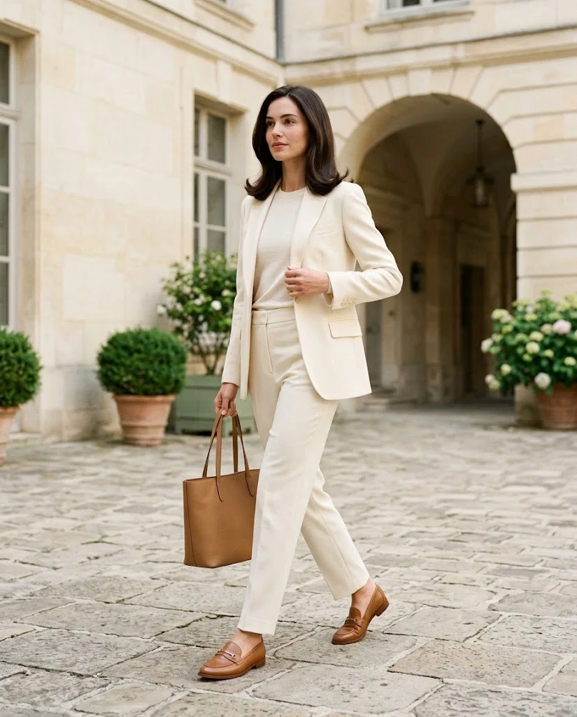 women wearing An Elegant Ivory-on-Ivory Spring Outfit