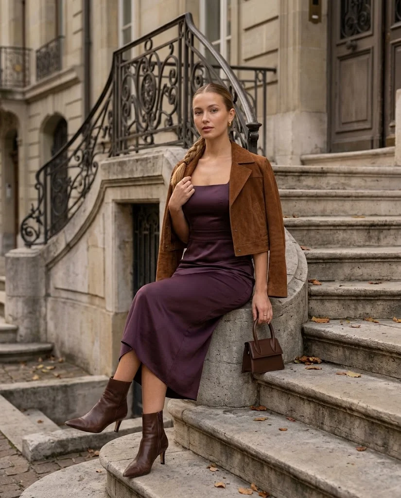 Early Fall Outfits for Women: 20+ Elegant Old Money Ideas 3 Aubergine Satin Midi Dress with Cropped Suede Jacket, an elegant old money early fall outfit for women