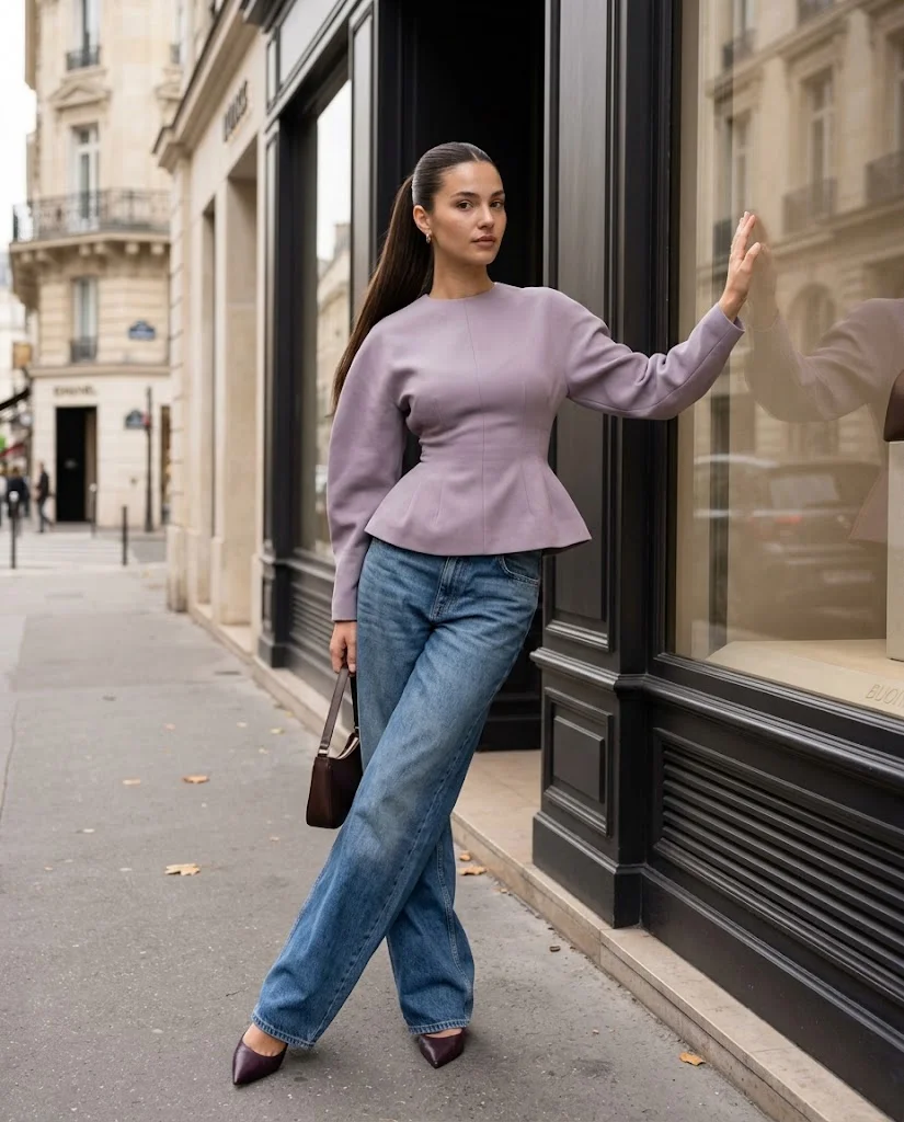 Early Fall Outfits for Women: 20+ Elegant Old Money Ideas 11 Baggy Medium-Wash Jeans with a Sculptural Peplum Top, an elegant old money early fall outfit for women