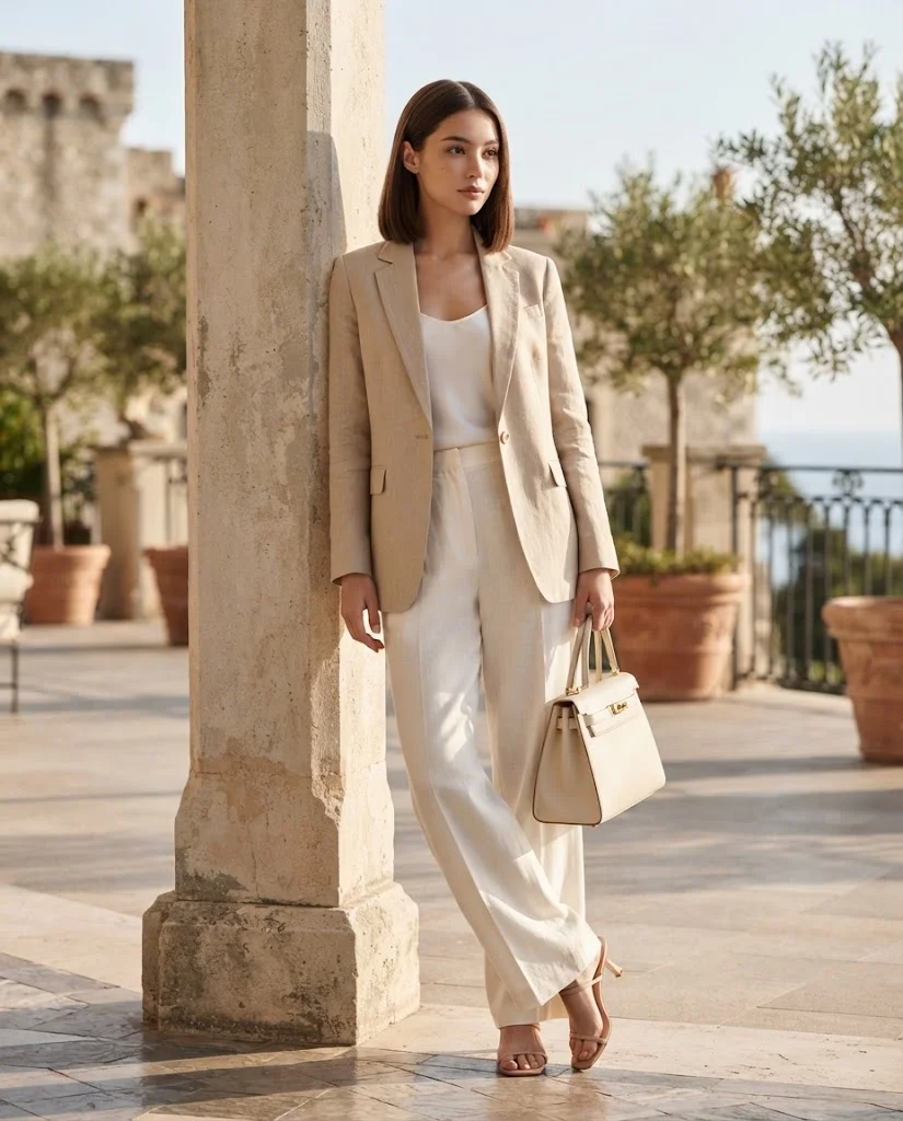 women wearing Beige Blazer With Wide-Leg Pants