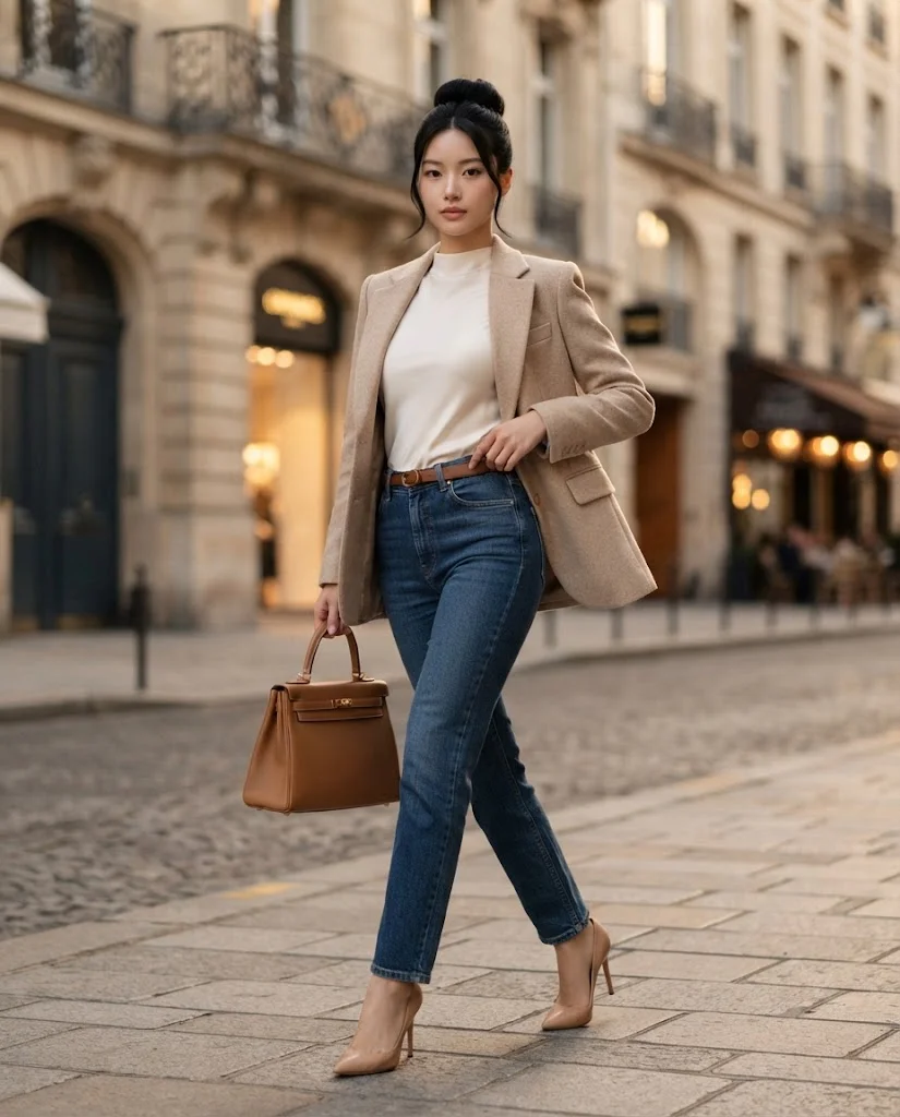 Beige Blazer with Dark Blue Denim and Nude Heels, an elegant old money fall date night outfit for women