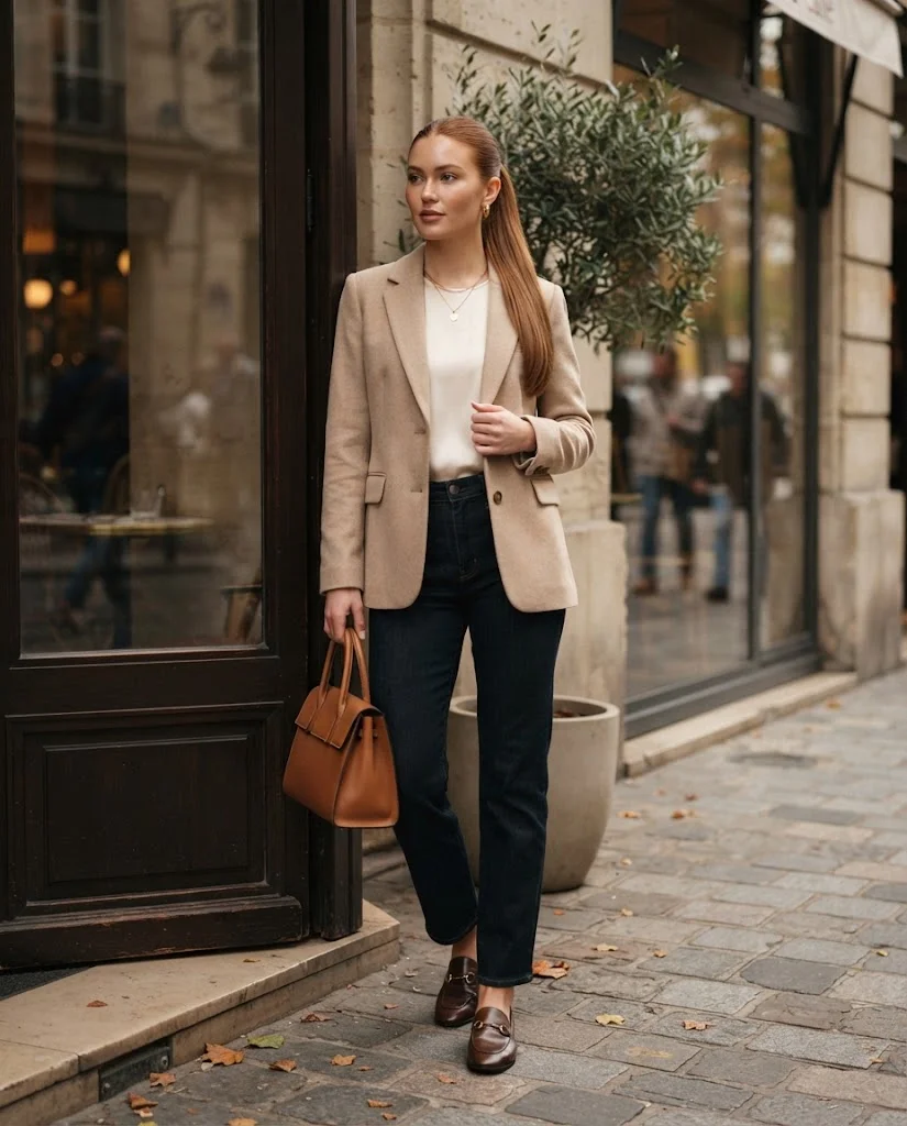 Beige Blazer with Dark Denim, an elegant old money fall brunch outfit for women