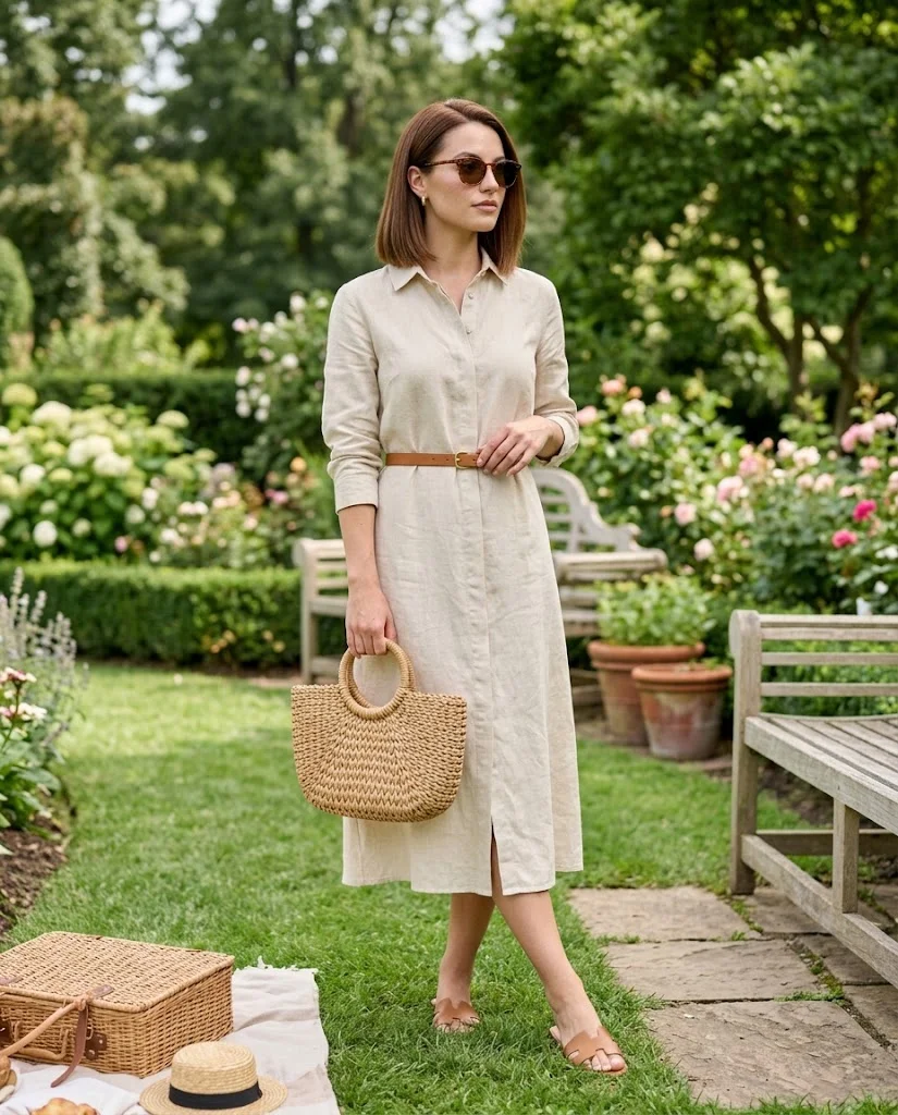 women wearing Beige Shirt Dress With Flat Sandals