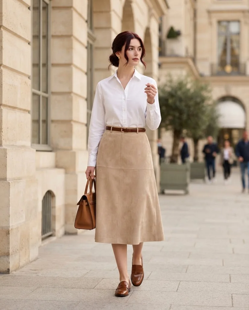 Old Money September Outfit Ideas for Women: 20+ Elegant Looks 11 Beige Suede Skirt with a Crisp White Button-Down, an elegant old money September outfit for women