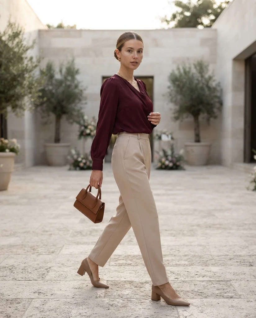 women wearing women wearing Beige Trousers With a Burgundy Blouse