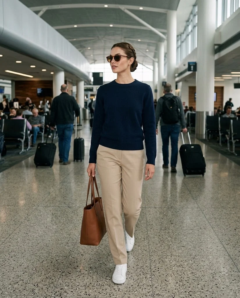 Old Money Airport Outfits: 20+ Chic Travel Looks for Women 13 women wearing Beige Trousers With a Navy Knit