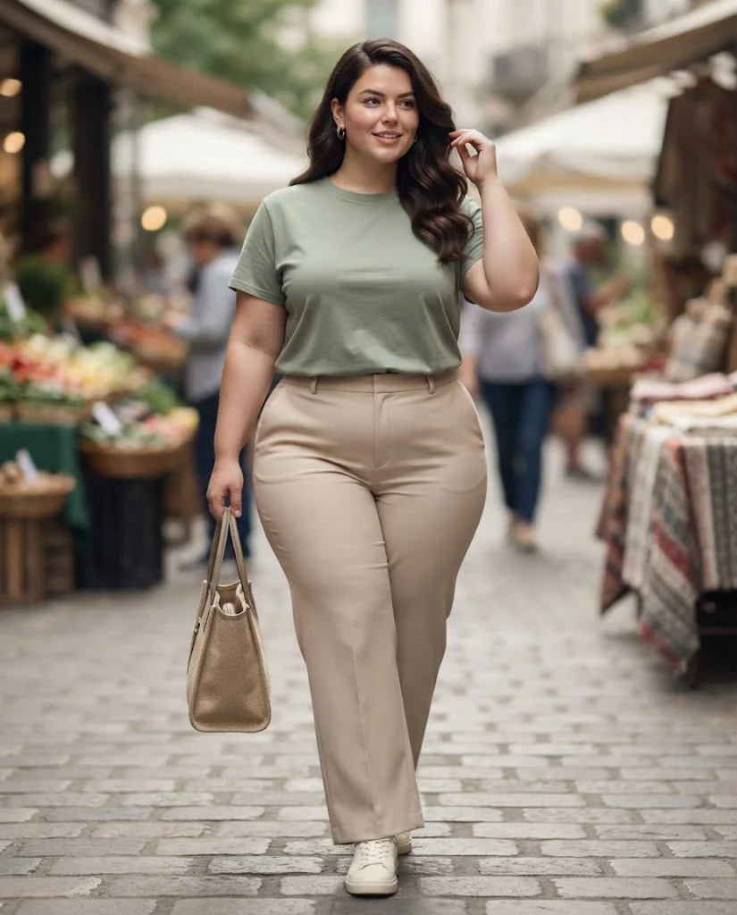 Beige Wide-Leg Trousers With a Sage Green T-Shirt Plus Size Casual Outfit