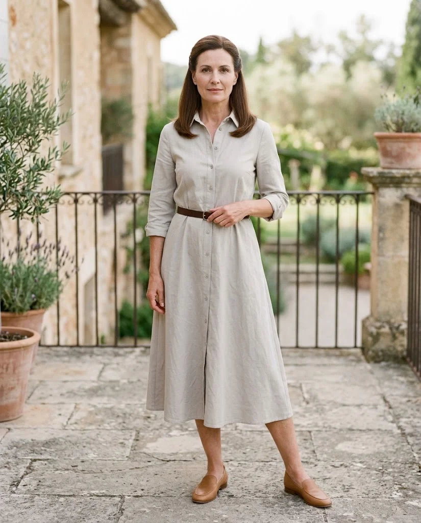 women wearing Belted Midi Shirt Dress With Low-Heel Loafers