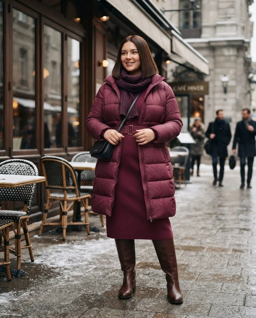 Plus Size Winter Outfits for Women: 15 Warm and Stylish Ideas 3 Belted Puffer Jacket With a Knit Midi Dress, a chic plus size winter outfit idea
