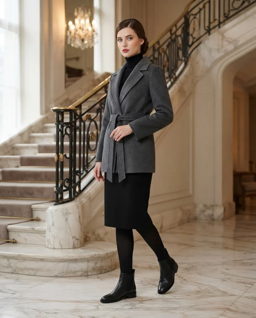 women wearing Belted Wool Coat With Tailored Skirt and Tights