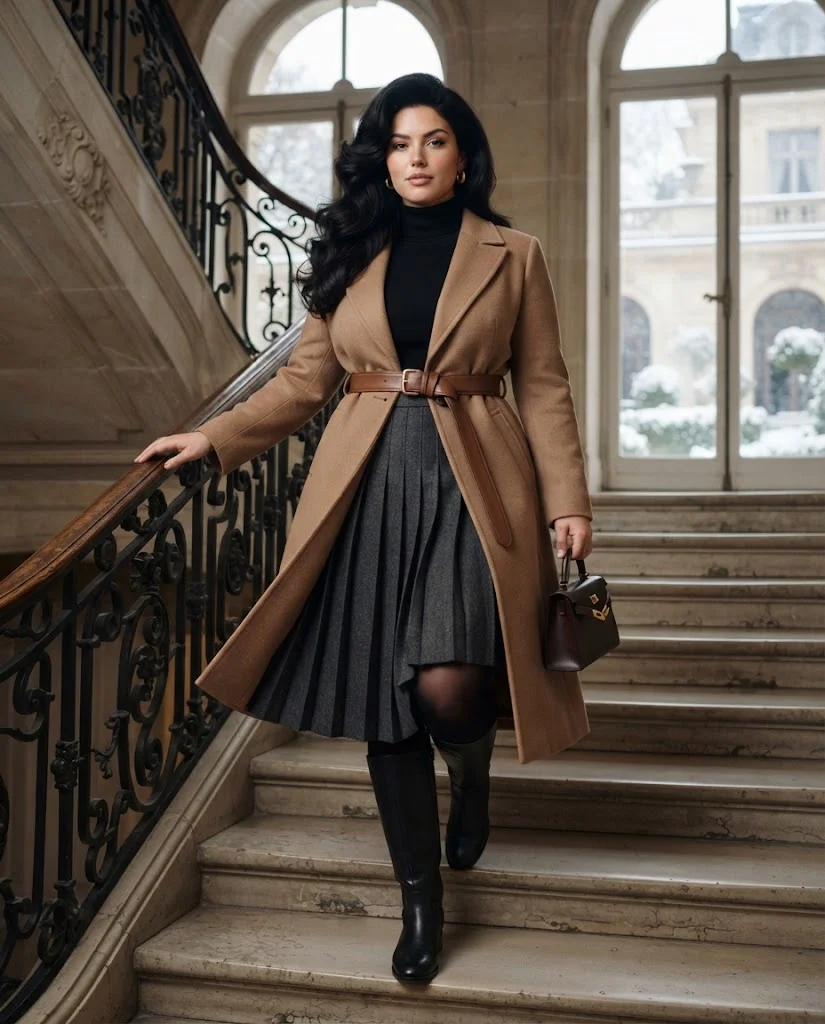 Plus Size Winter Outfits for Women: 15 Warm and Stylish Ideas 9 Belted Wool Coat With a Pleated Midi Skirt, an elegant plus size winter outfit