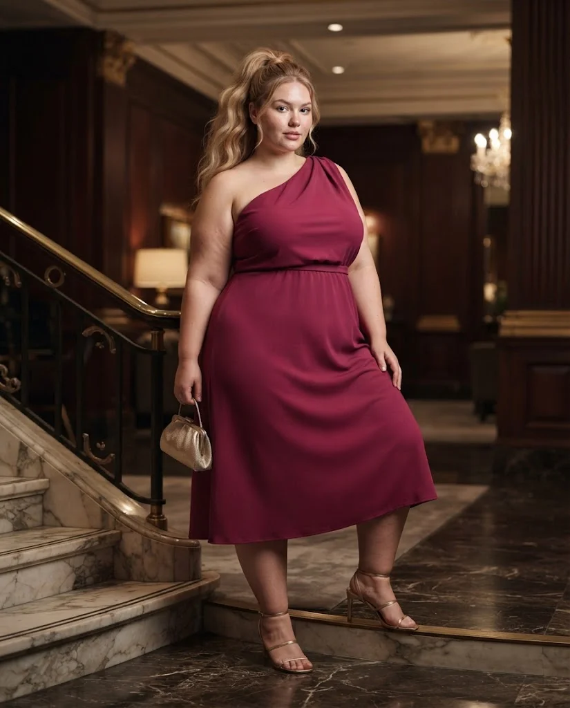 Berry Asymmetric Midi Dress With Metallic Sandals Plus Size Cocktail Party Outfit