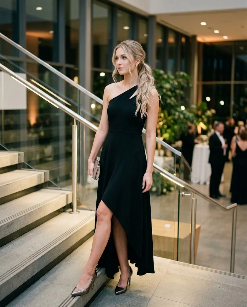women wearing women wearing Black Asymmetrical Maxi Dress