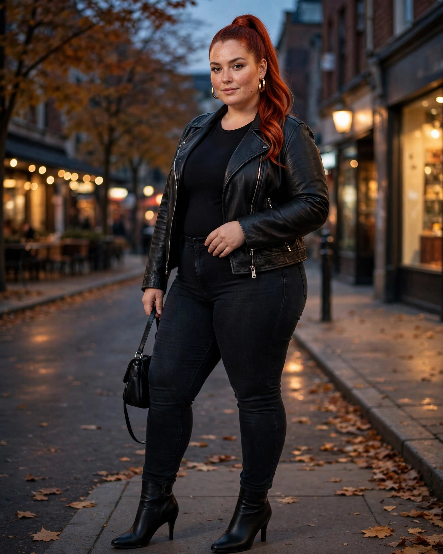 Black Bodysuit With Dark Skinny Jeans and a Leather Jacket Plus Size Fall Night Out Outfit